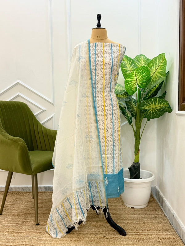 Exclusive Banarasi Kota Check Hand Paint 3 pc Unstitched Salwar Suit with Block Print Dupatta (Summer) - Leheriya