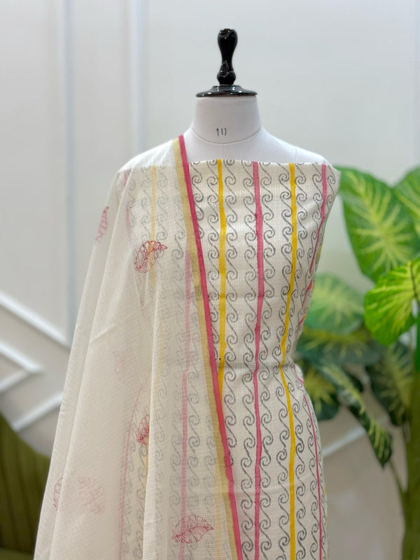 Exclusive Banarasi Kota Check Hand Paint 3 pc Unstitched Salwar Suit with Block Print Dupatta (Summer) - Leheriya