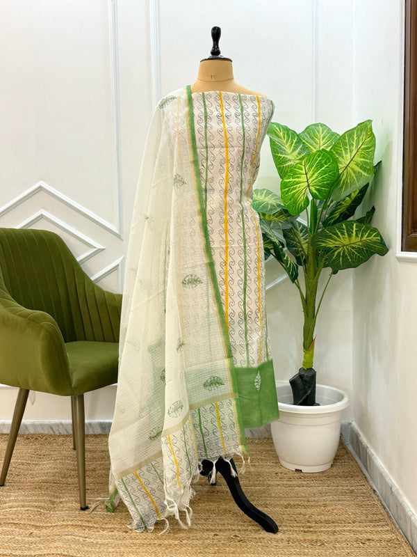 Exclusive Banarasi Kota Check Hand Paint 3 pc Unstitched Salwar Suit with Block Print Dupatta (Summer) - Leheriya