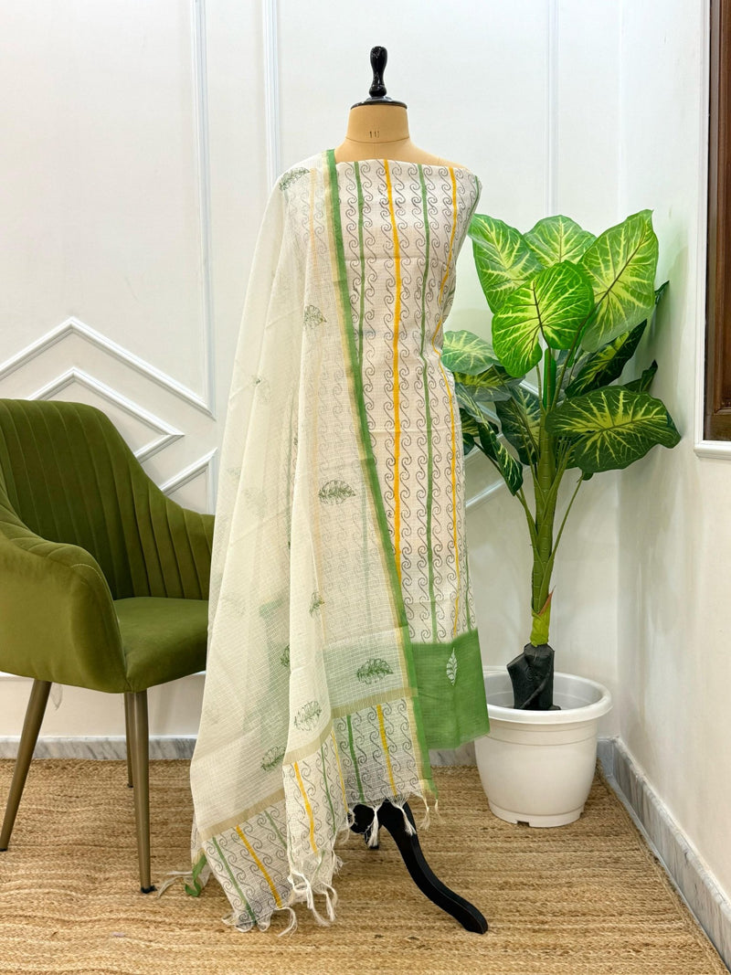 Exclusive Banarasi Kota Check Hand Paint 3 pc Unstitched Salwar Suit with Block Print Dupatta (Summer) - Leheriya