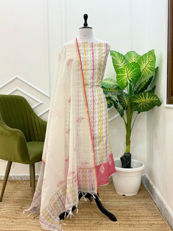 Exclusive Banarasi Kota Check Hand Paint 3 pc Unstitched Salwar Suit with Block Print Dupatta (Summer) - Leheriya