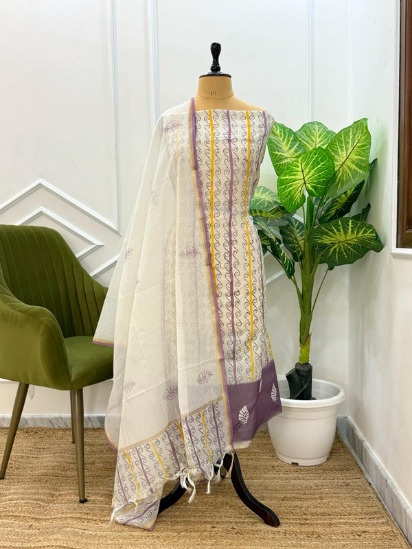 Exclusive Banarasi Kota Check Hand Paint 3 pc Unstitched Salwar Suit with Block Print Dupatta (Summer) - Leheriya