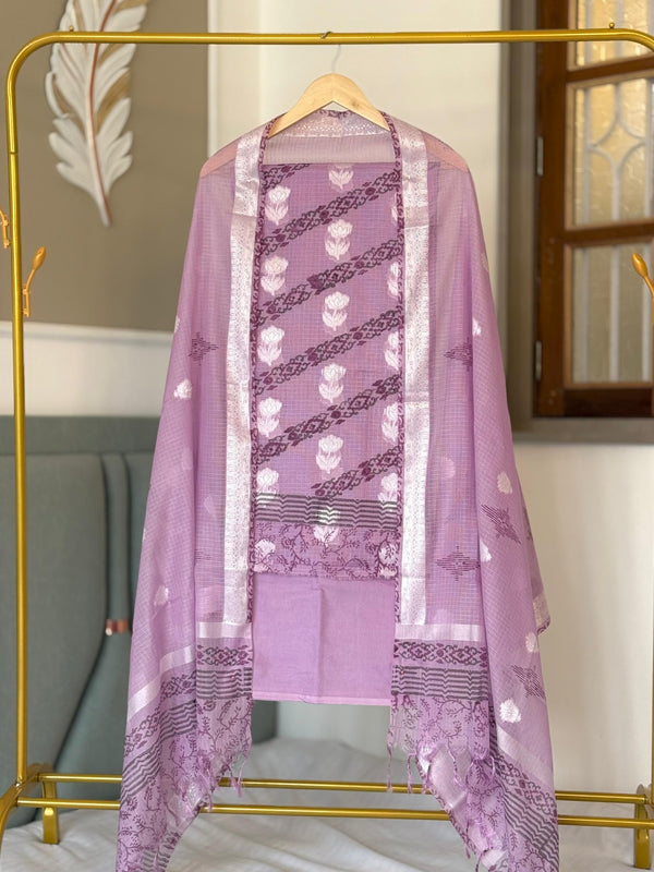Exclusive Banarasi Kota Doriya 3pc Unstitched Salwar Suit with Kota Doriya Dupion Block Print Dupatta - Leheriya