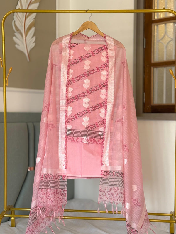 Exclusive Banarasi Kota Doriya 3pc Unstitched Salwar Suit with Kota Doriya Dupion Block Print Dupatta - Leheriya