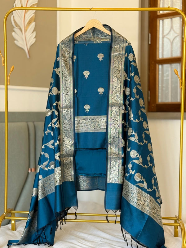 Exclusive Banarasi Silk Zaari Booti 3pc Unstitched Salwar Suit with Zaari Jaal Dupatta - Leheriya
