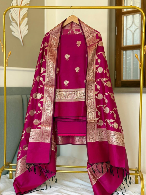 Exclusive Banarasi Silk Zaari Booti 3pc Unstitched Salwar Suit with Zaari Jaal Dupatta - Leheriya
