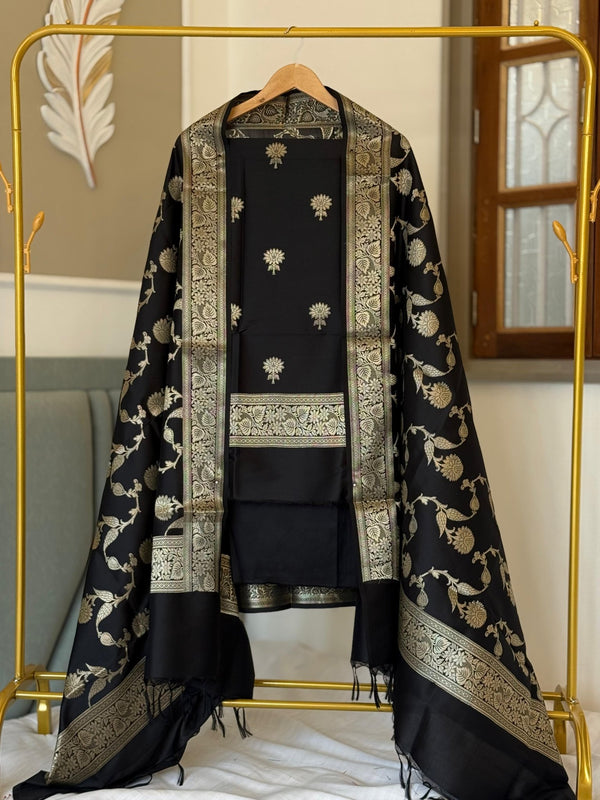 Exclusive Banarasi Silk Zaari Booti 3pc Unstitched Salwar Suit with Zaari Jaal Dupatta - Leheriya