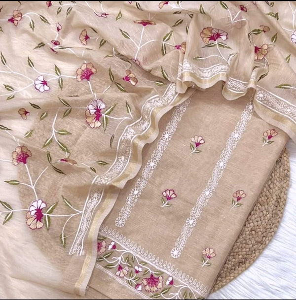 Exclusive Banarasi Unstitched Linen Silk Embroidery Salwar Suit with Dupatta - Leheriya