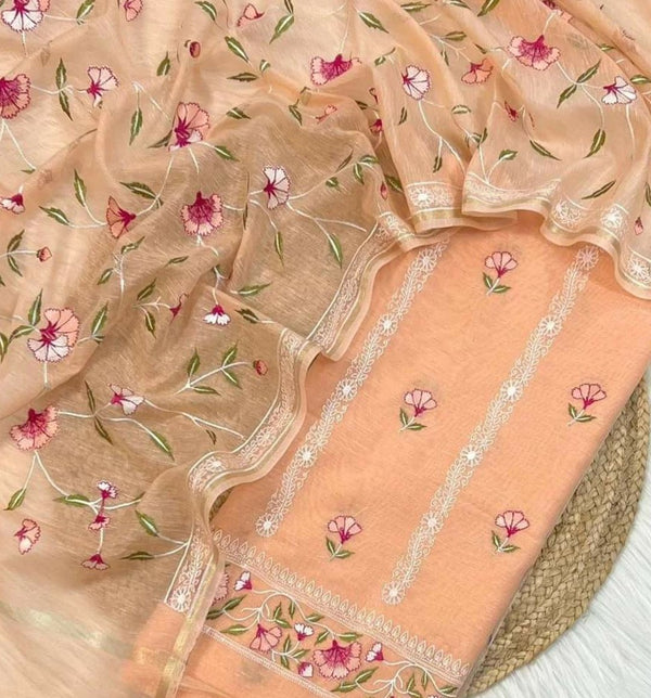 Exclusive Banarasi Unstitched Linen Silk Embroidery Salwar Suit with Dupatta - Leheriya