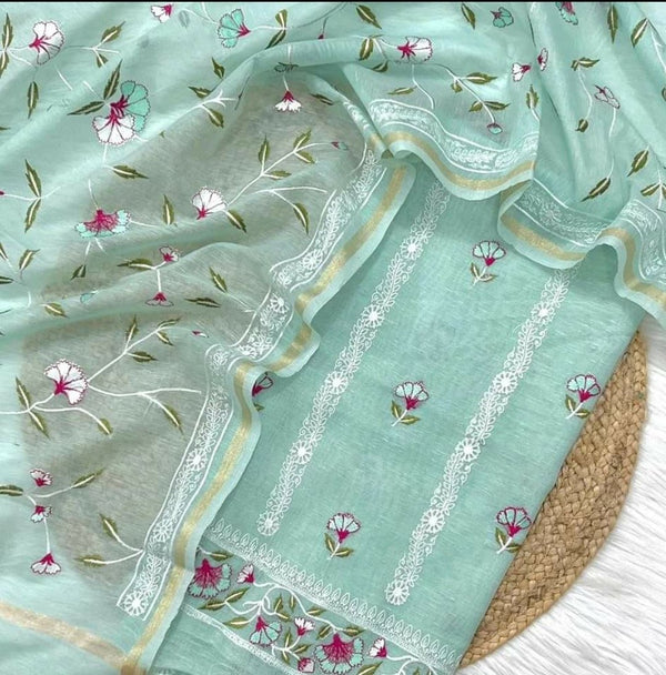 Exclusive Banarasi Unstitched Linen Silk Embroidery Salwar Suit with Dupatta - Leheriya