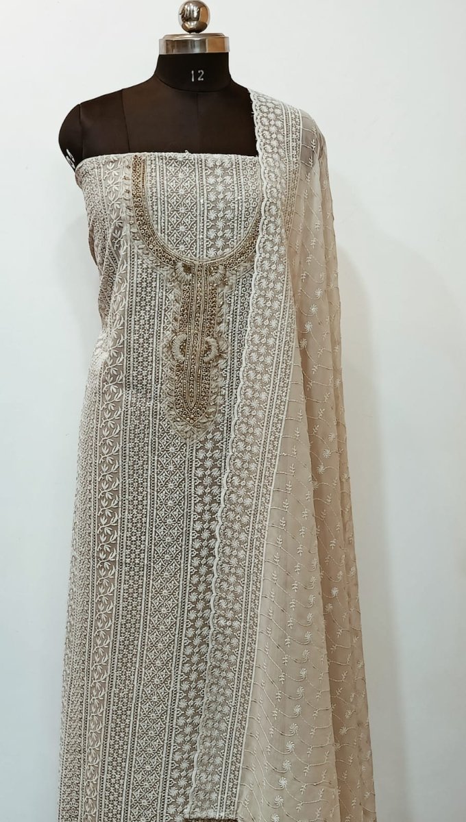 Georgette 3 pc salwar suit with Heavy Embroidery | Beige | - Leheriya