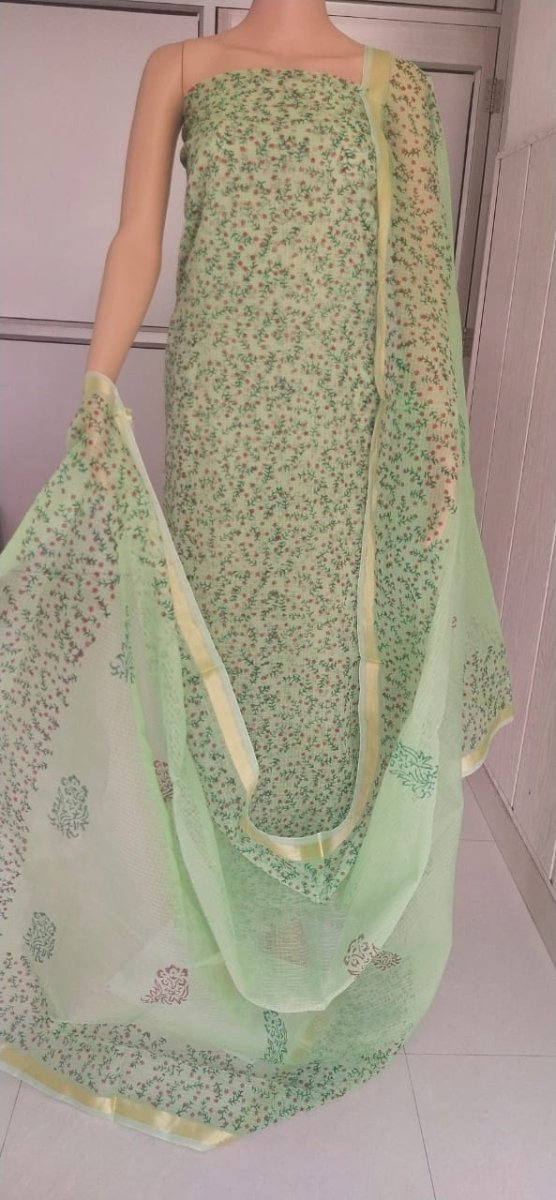 Green Block Printed Kota Doria Salwar Suit with Small Floral Print - Leheriya