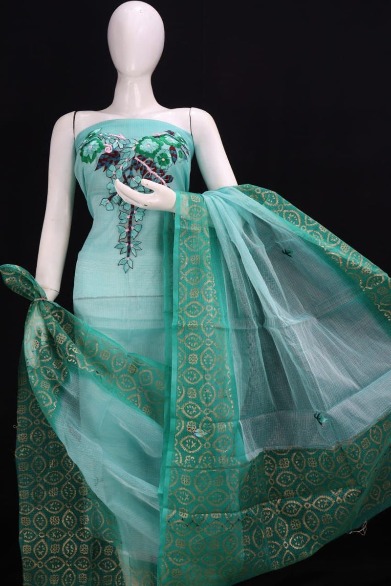 Kota cotton 3pc  Embroidery work Dress material  | Pastel Cyan |