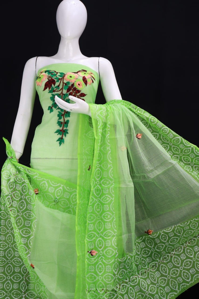 Kota cotton 3pc  Embroidery work Dress material  | Pistachio |