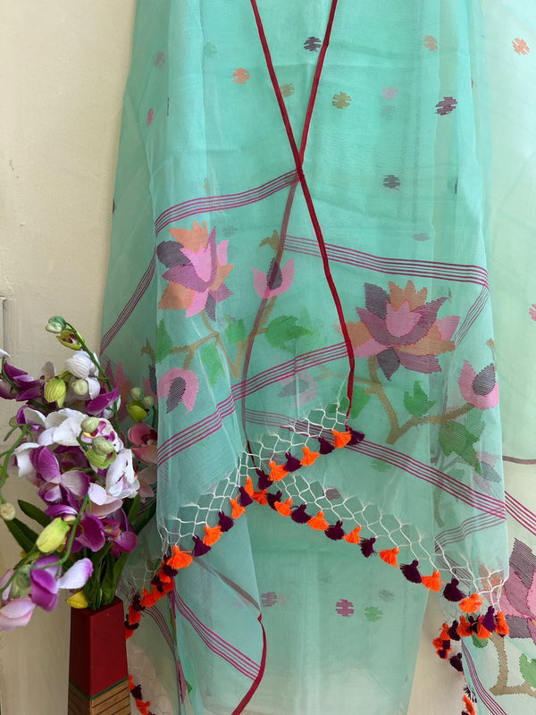 Original Woven Jaal Muslin Jamdani Kurta Dupatta Set | Tiffany Blue |
