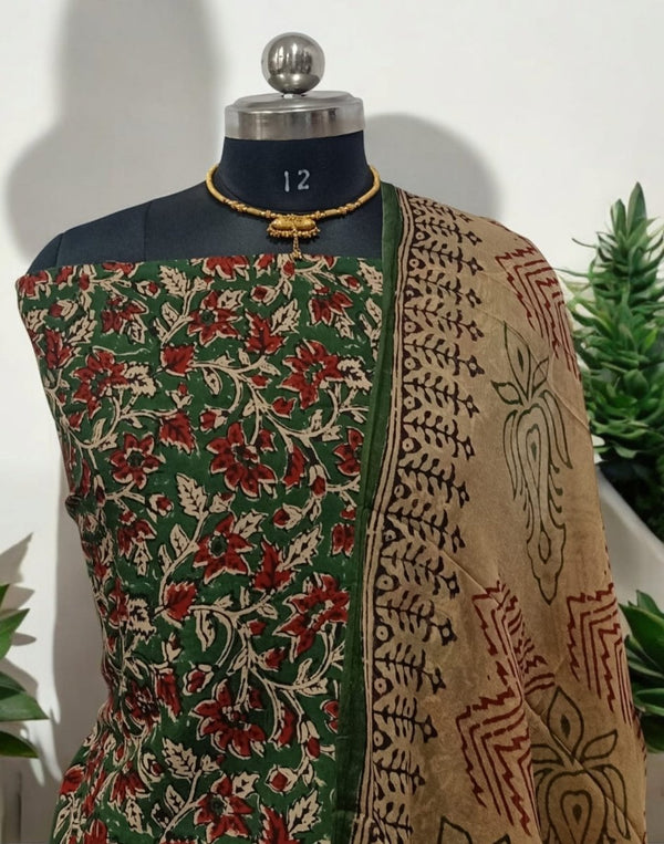 Hand block Kalamkari 3 pc Salwar Suit Dress Material with Chiffon Dupatta - Leheriya