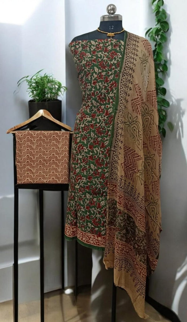 Hand block Kalamkari 3 pc Salwar Suit Dress Material with Chiffon Dupatta - Leheriya