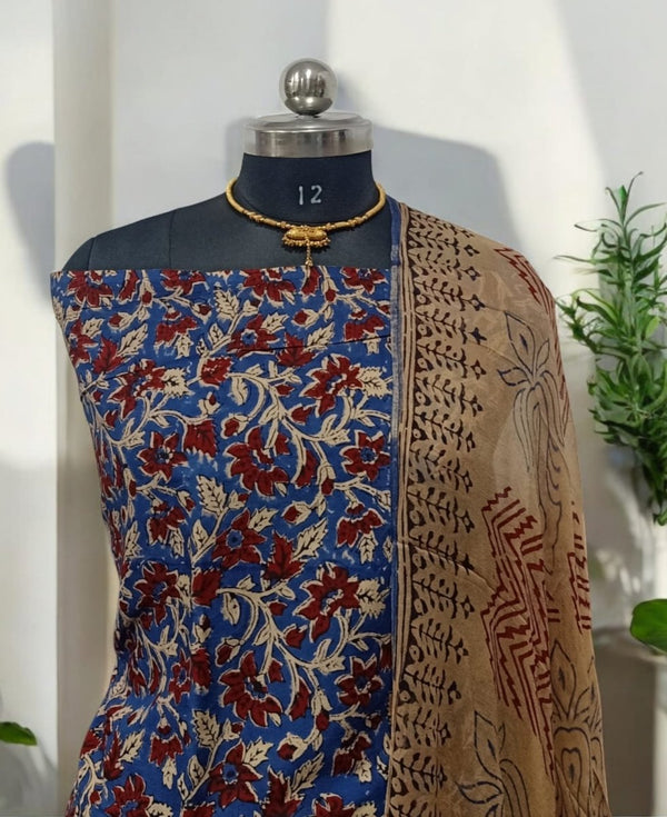 Hand block Kalamkari 3 pc Salwar Suit Dress Material with Chiffon Dupatta - Leheriya