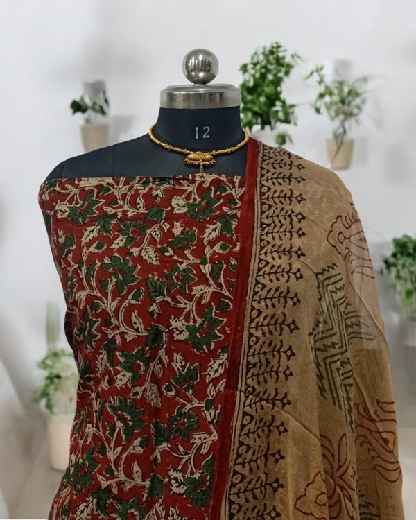Hand block Kalamkari 3 pc Salwar Suit Dress Material with Chiffon Dupatta - Leheriya
