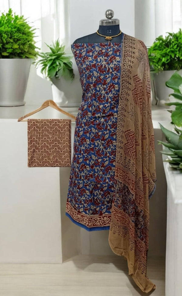 Hand block Kalamkari 3 pc Salwar Suit Dress Material with Chiffon Dupatta - Leheriya
