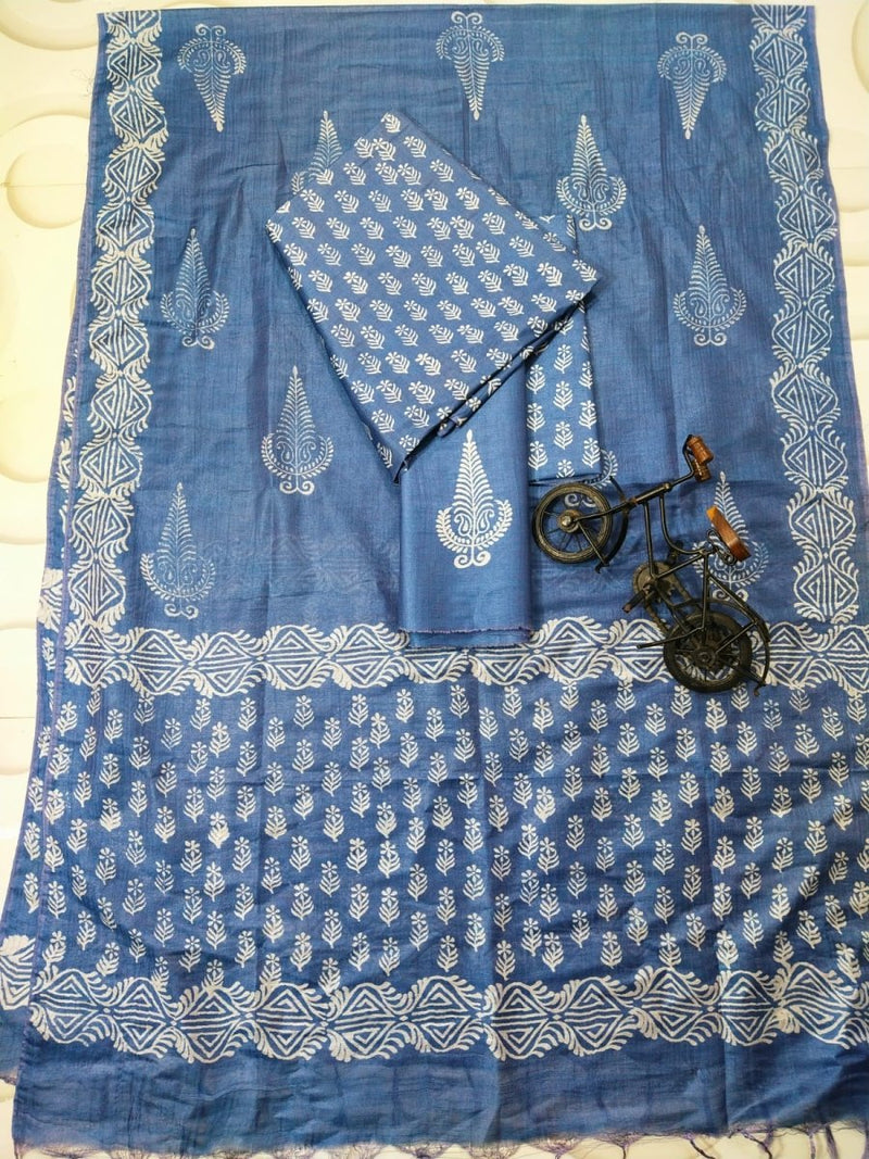 Hand Block Print Indigo Bhagalpuri Salwar Suit - Leheriya