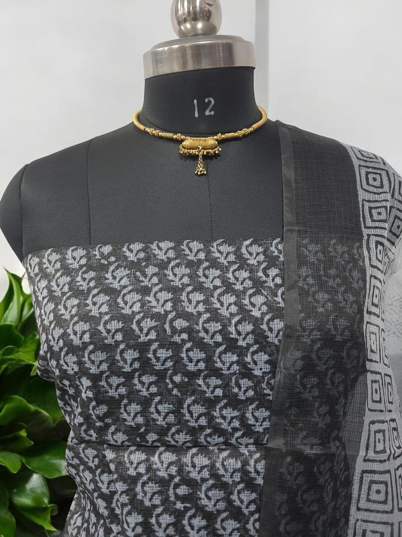 Hand Block Print Kota Doria Cotton 3 pc Salwar Suit - Leheriya