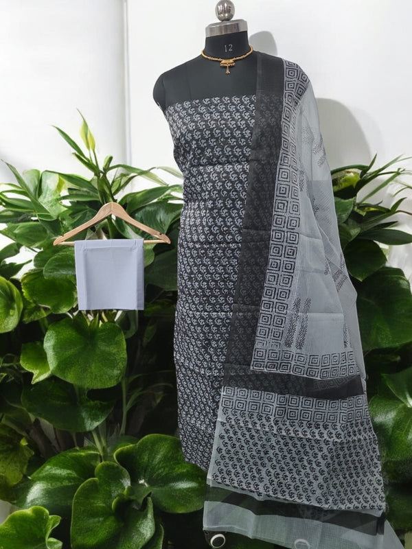 Hand Block Print Kota Doria Cotton 3 pc Salwar Suit - Leheriya