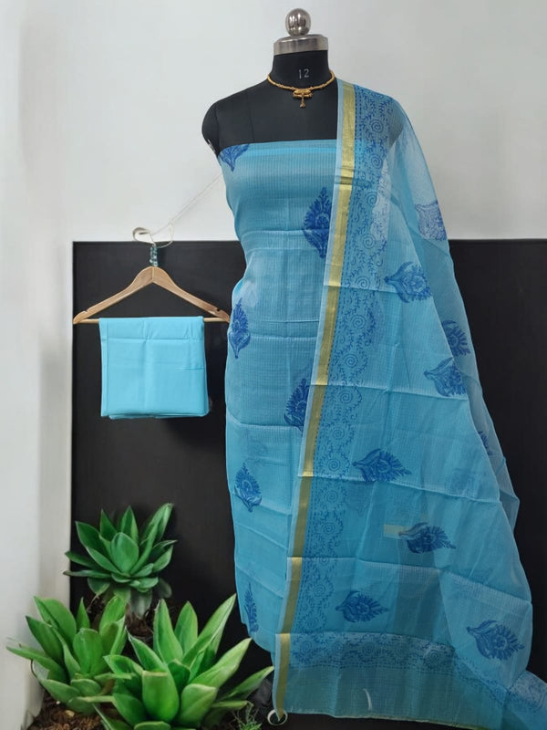 Hand Block Print Kota Doria Cotton 3 pc Salwar Suit - Leheriya