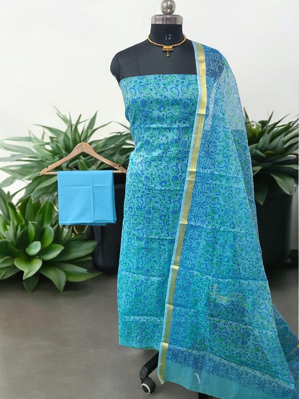 Hand Block Print Kota Doria Cotton 3 pc Salwar Suit - Leheriya