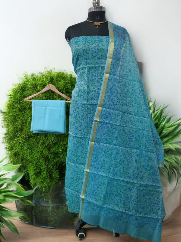 Hand Block Print Kota Doria Cotton 3 pc Salwar Suit - Leheriya