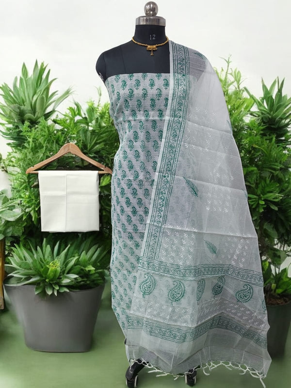 Hand Block Print Kota Doria Cotton 3 pc Salwar Suit - Leheriya