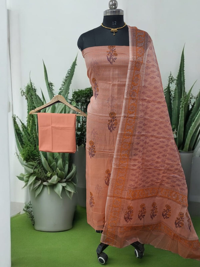 Hand Block Print Kota Doria Cotton 3 pc Salwar Suit - Leheriya