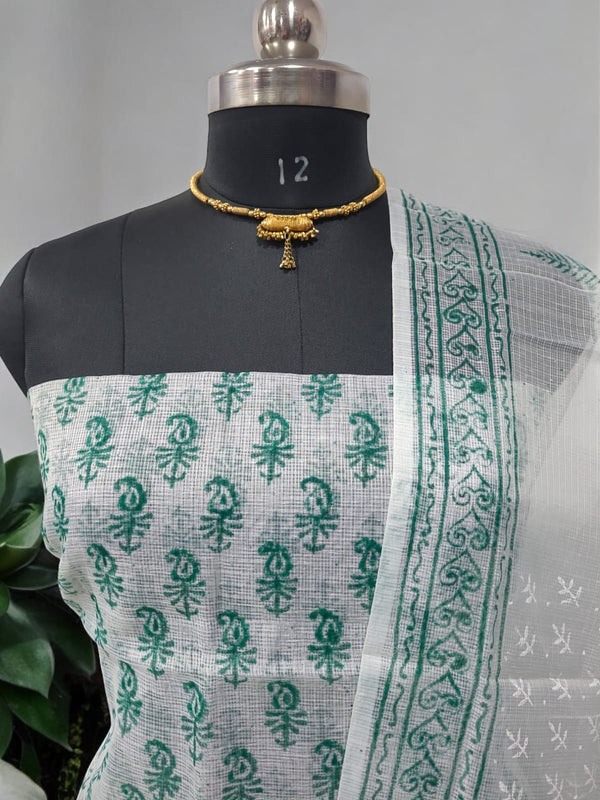 Hand Block Print Kota Doria Cotton 3 pc Salwar Suit - Leheriya