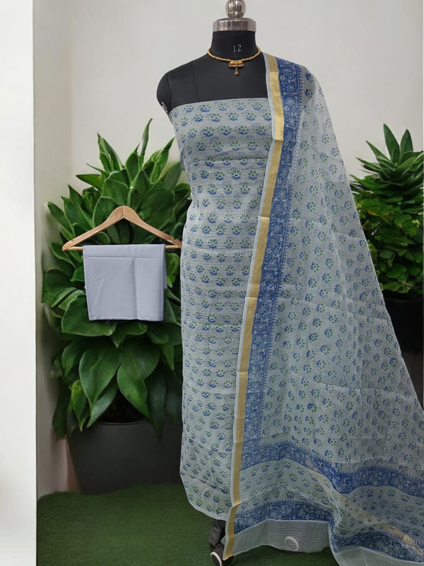 Hand Block Print Kota Doria Cotton 3 pc Salwar Suit - Leheriya