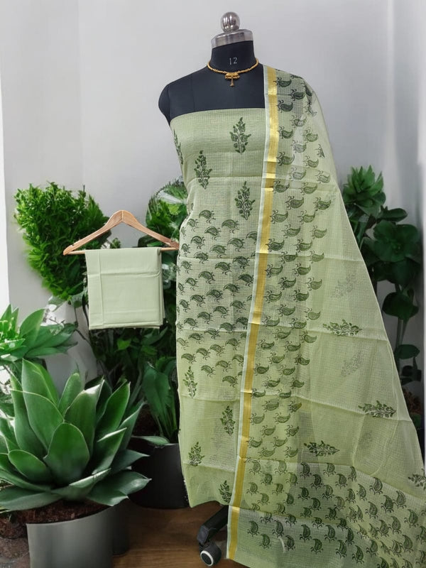 Hand Block Print Kota Doria Cotton 3 pc Salwar Suit - Leheriya