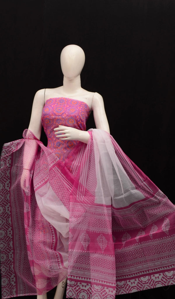 Hand Block Printing Kota Doria Cotton 3 pc Salwar Suit - Leheriya