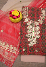 Hand Block Printing with Gota Work Kota Doria Cotton 3 pc Salwar Suit - Leheriya