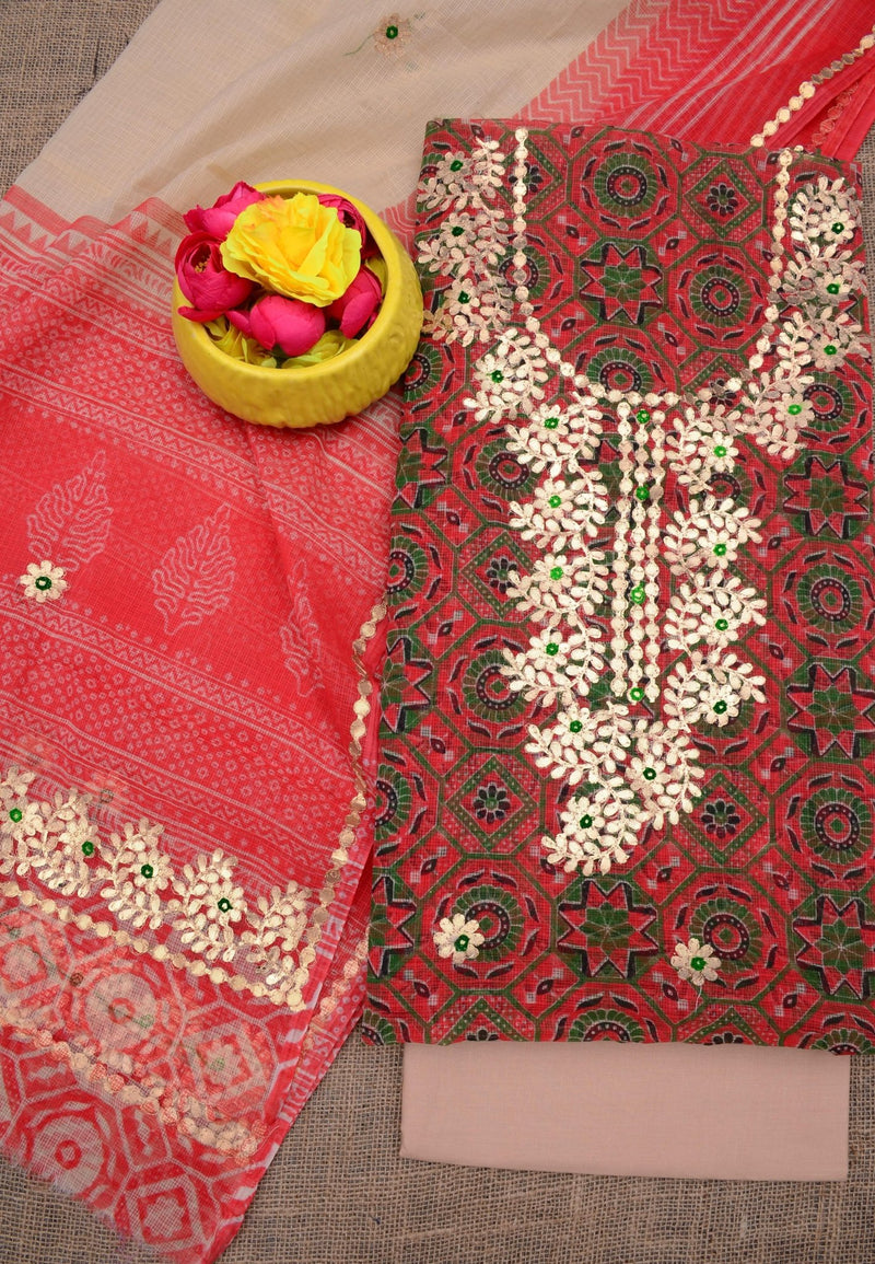 Hand Block Printing with Gota Work Kota Doria Cotton 3 pc Salwar Suit - Leheriya