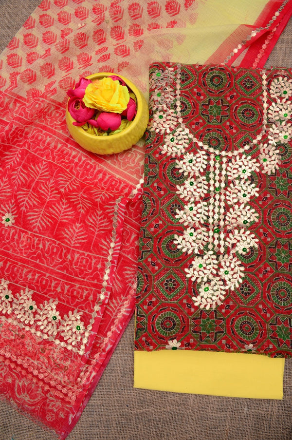 Hand Block Printing with Gota Work Kota Doria Cotton 3 pc Salwar Suit - Leheriya