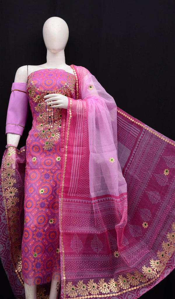Hand Block Printing with Gota Work Kota Doria Cotton 3 pc Salwar Suit - Leheriya
