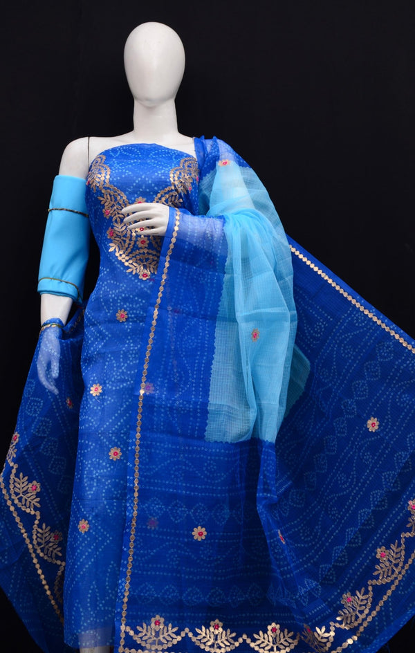 Hand Block Printing with Gota Work Kota Doria Cotton 3 pc Salwar Suit - Leheriya