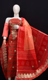 Hand Block Printing with Gota Work Kota Doria Cotton 3 pc Salwar Suit - Leheriya