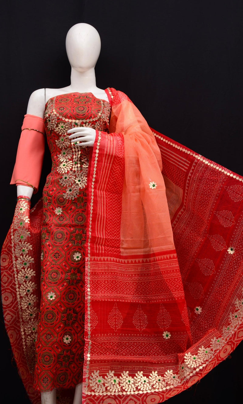 Hand Block Printing with Gota Work Kota Doria Cotton 3 pc Salwar Suit - Leheriya