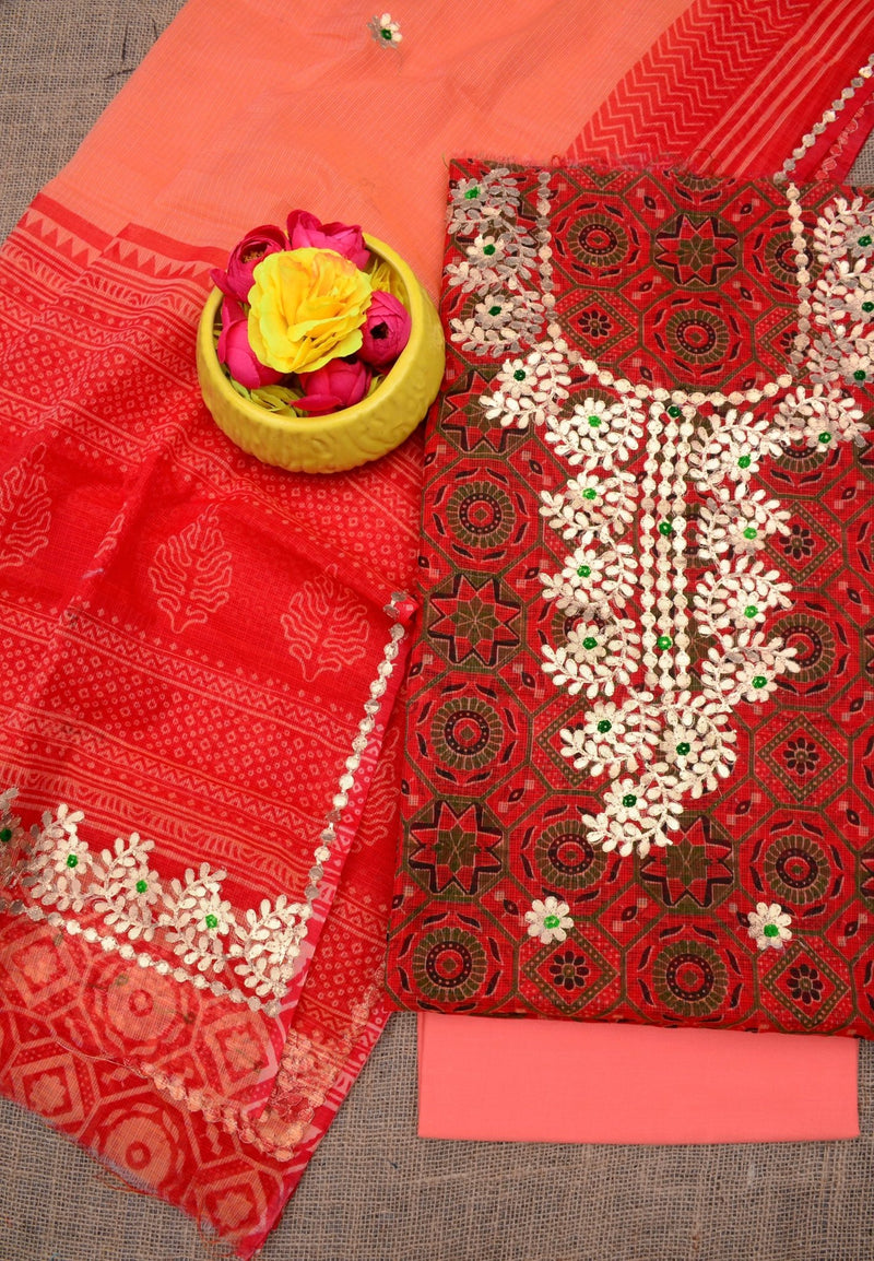 Hand Block Printing with Gota Work Kota Doria Cotton 3 pc Salwar Suit - Leheriya