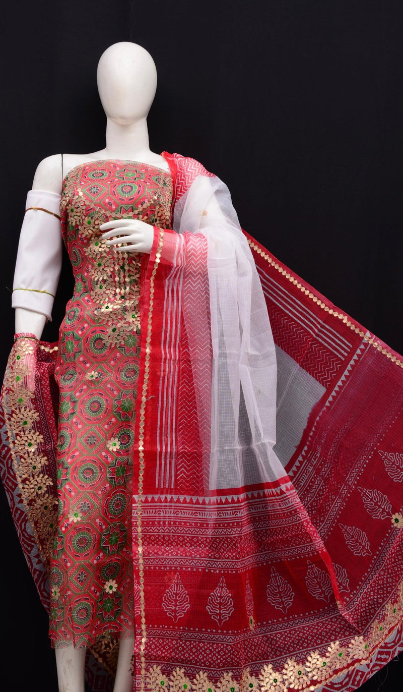 Hand Block Printing with Gota Work Kota Doria Cotton 3 pc Salwar Suit - Leheriya