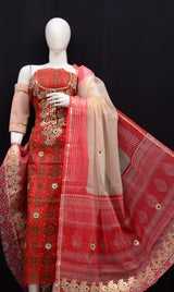Hand Block Printing with Gota Work Kota Doria Cotton 3 pc Salwar Suit - Leheriya