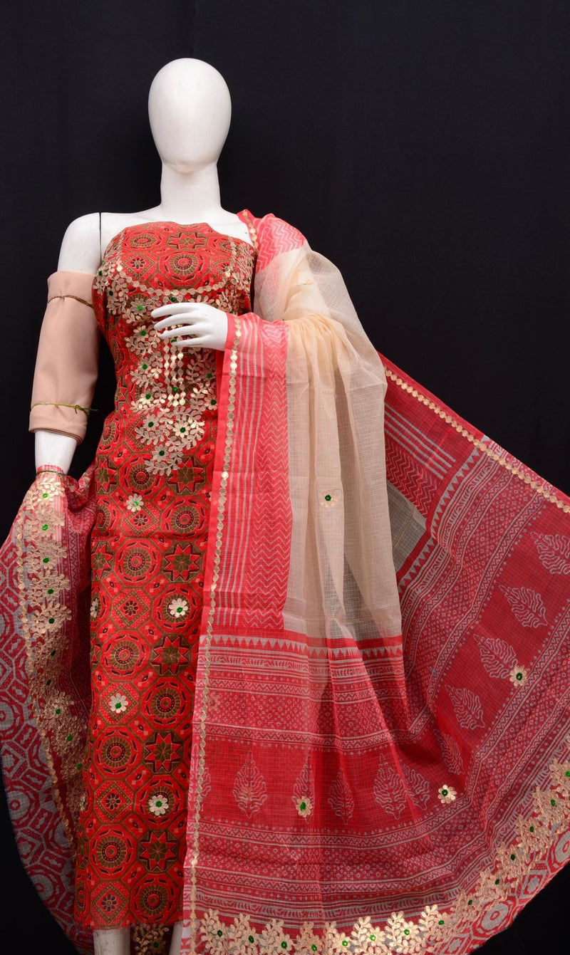 Hand Block Printing with Gota Work Kota Doria Cotton 3 pc Salwar Suit - Leheriya