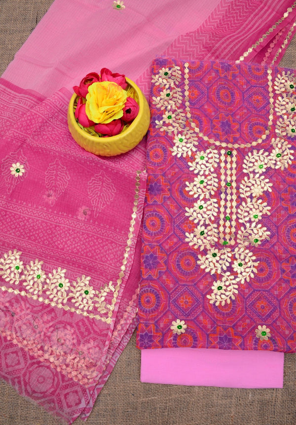 Hand Block Printing with Gota Work Kota Doria Cotton 3 pc Salwar Suit - Leheriya