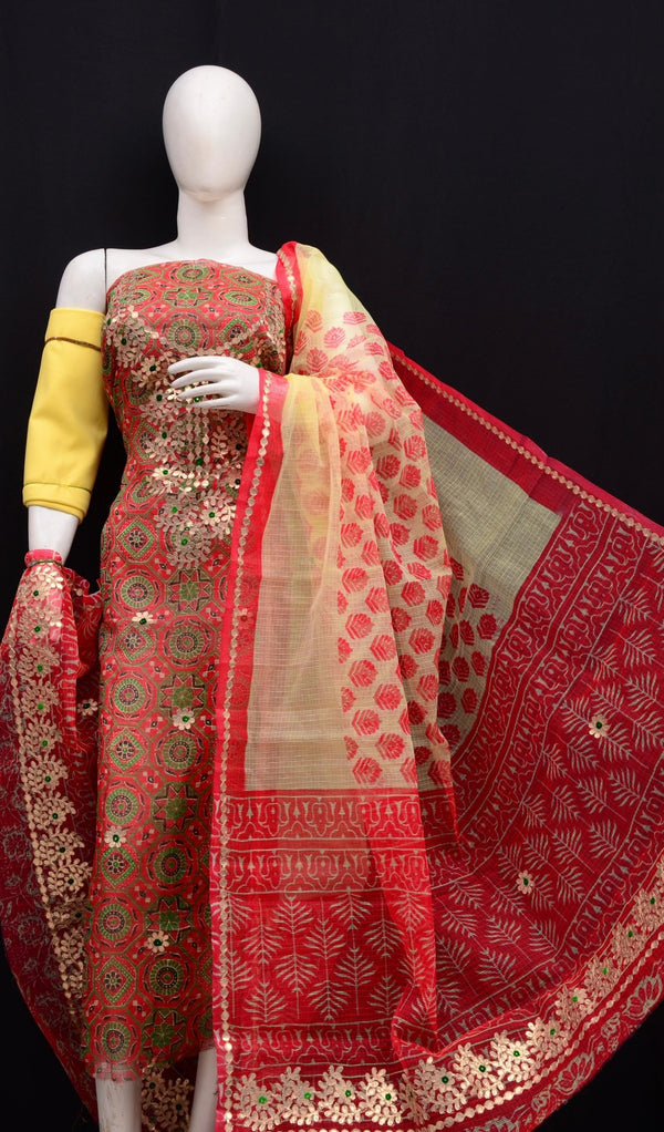 Hand Block Printing with Gota Work Kota Doria Cotton 3 pc Salwar Suit - Leheriya