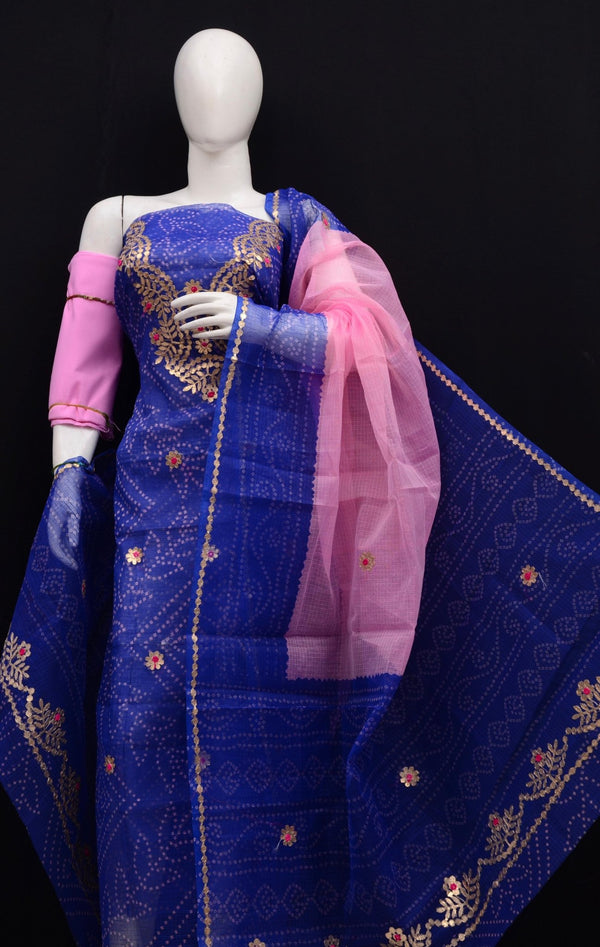 Hand Block Printing with Gota Work Kota Doria Cotton 3 pc Salwar Suit - Leheriya
